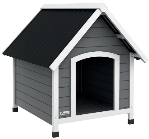 PawHut Hundehütte aus Holz mit Asphaltdach Outdoor 75 x 88 x 82 cm Grau | Kleintierhaus, Hundehöhle, Korrosionsbeständig, Hundehaus mit Herausnehmbarem Boden, für Mittelgroße Hunde