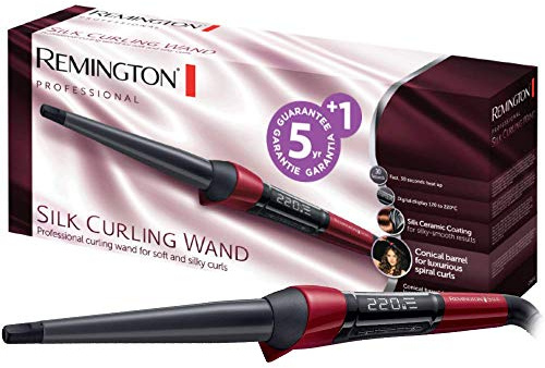 Remington Lockenstab [kegelförmig 13-25mm] Silk Digital (hochwertige Keramikbeschichtung mit Seidenproteinen) -LCD-Display 120-220°C, natürliche Locken, Spirallocken & Beach Waves, CI96W1