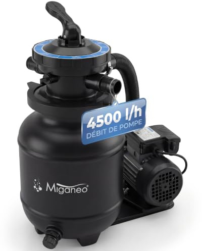 Miganeo Sandfilteranlage Speed Clean Dynamic 6500 Schwarz | Filteranlage für Pools bis 19.000 Liter | Poolpumpe mit 4.500 l/h Pumpenleistung und 3.900 l/h Filterleistung | stromsparende 200 Watt