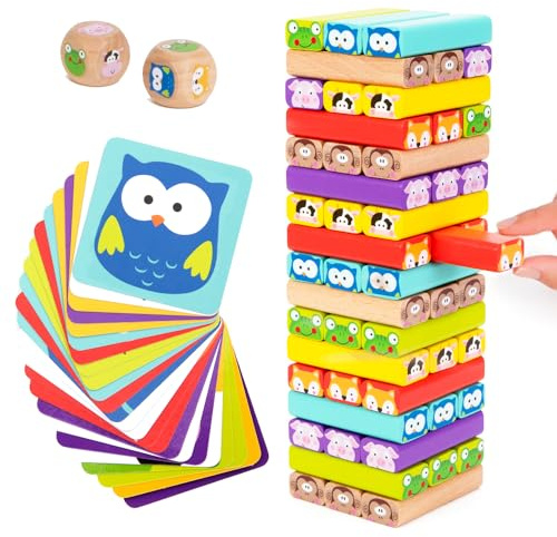 Nene Toys Pädagogisches Kinderspiel ab 3 Jahre - Wackelturm 4 in 1 aus Holz mit Farben und Tieren - Spielzeug für Mädchen und Jungs von 3 bis 9 Jahren - Stapelturm Holz Brettspiel