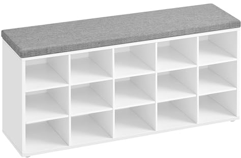 VASAGLE Schuhbank, Schuhregal mit Sitzfläche, Sitzbank mit Stauraum, Kissen, 15 Fächer, für Wohnzimmer, Flur, 30 x 105 x 48 cm, wolkenweiß-Taubengrau LHS15WT