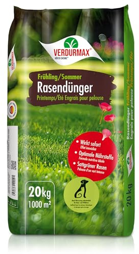 Verdurmax 20 kg Rasendünger Frühling & Sommer - Langzeit Rasendünger mit Stickstoff für 1000m² saftig grünen Rasen - Hundeverträglich & tierfreundlich - Für Streuwagen geeignet