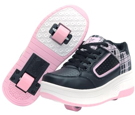HUSKSWARE Jungen Mädchen Automatisch 2 Räder Skateboardschuhe, Rollschuhe für Kinder Schuhe Mit Doppelt Rollen, Outdoor Fitnessschuhe Sneakers, Schwarz-Rosa, 37 EU