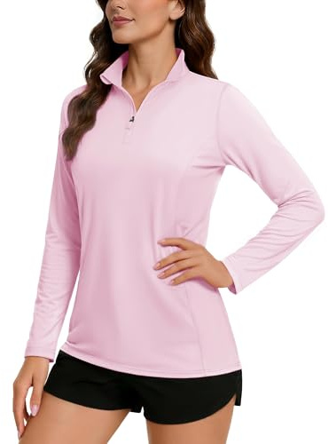 TACVASEN Damen UPF 50+ Rash Guard Langarm Atmungsaktiv Langarmshirts Leicht Sweatshirt mit 1/4 Reißverschluss (M, Rosa)
