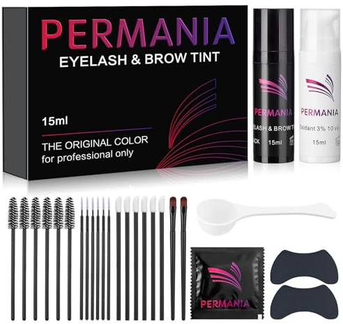 PERMANIA Augenbrauen und Wimpernfarbe Set, 2 In 1 Wimpern Färben Schwarz Set, Farbe Bis zu 4 Wochen, Sanfte Formel für Salon Oder Heimgebrauch