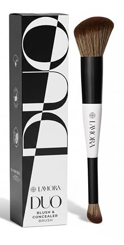 Lamora Make Up Pinsel Doppelseitig, Für Blush, Concealer, Foundation | Flauschiger Duo Gesichtspinsel für Flüssige oder Pudrige Kosmetik, Weiche Synthetische Borsten, Vegan, Tierversuchsfrei