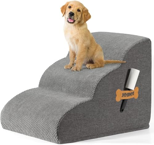 ROMROL Hundetreppe 3 Stufen – rutschfeste Haustiertreppe für kleine Hunde & Katzen – Waschbarer Bezug, Hochdichter Memory-Schaum – Weiche Einstiegshilfe für Sofa & Bett – Gelenkschonend, Grau