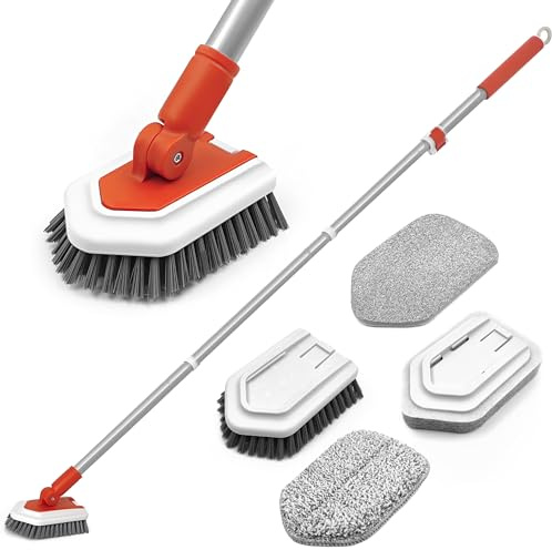 JEHONN 4-in-1 Duschschrubber, Schrubber mit Langem Stiel Reinigungsbürste Bad, 4 Verschiedene Funktionen Schrubbbürstenaufsätze für Bad, Badewanne, Boden, Wand, Fußleiste (Rot)