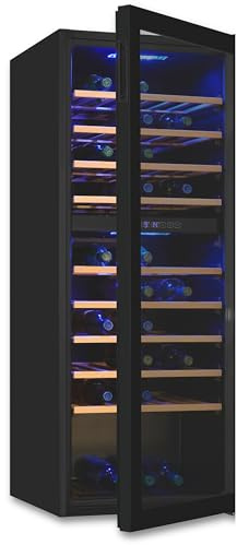 Exquisit Weinkühlschrank 2 Zonen, Platz für 78 Flaschen, 194 Liter, Umluftventilator, 9 Holzablagen, Digitale Temperaturanzeige, WS2-78-GTE-160G schwarz