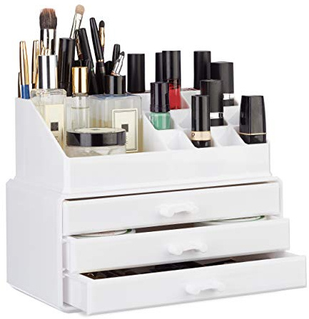 Relaxdays Make Up Organizer klein, weiß | 2-teilige Schminkaufbewahrung mit 3 Schubladen, stapelbares Kosmetikregal