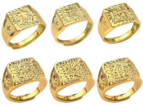 CYUaoao 6 Stk Herren Vergoldeter Ringe Set Hip Hop Ringe Verstellbar Siegelringe Rock Ring Reich Glück Reichtum Kanji Bandring Trauring Gold