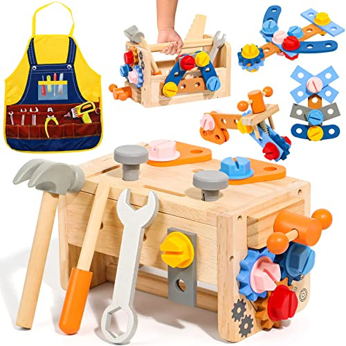 hifunti Werkzeugkoffer Kinder ab 2 Jahre Montessori Holzspielzeug | Werkbank & Werkzeug Set aus Holz 39 Teile mit Schürze Geschenk für Jungen & Mädchen 2 3 4 Jahre fördert Motorik