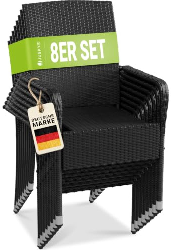 Juskys Polyrattan Gartenstühle Yoro 8er Set mit Armlehnen & Rückenlehne - 8 Stühle stapelbar - Rattan Stuhl Garten - Stapelstuhl Schwarz