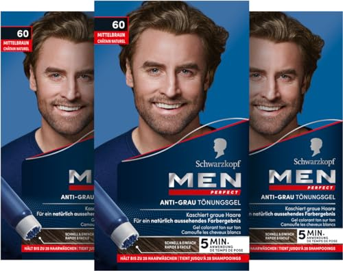 Schwarzkopf Men Perfect Anti-Grau Tönungs-Gel 60 Mittelbraun (3x 80 ml), Haarfarbe für Männer blendet graue Haare aus, Anti-Grau Tönung für ein natürlich aussehendes Ergebnis
