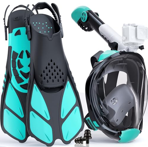 Schnorchelset für Erwachsene, Faltbare Vollgesichtsmaske mit Flossen, CO2-sicher, Anti-Beschlag & auslaufsicher inkl. Tragetasche - Schnorchelmaske Erwachsene für Schnorchelurlaub