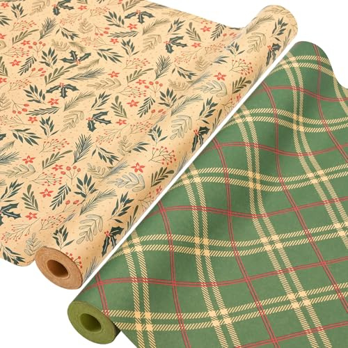 AhfuLife 2 Rollen Geschenkpapier Weihnachten Set, 43cm x 15m Weihnachtspapier Set, Nature Kraftpapier Weihnachtsgeschenkpapier für Xmas Weihnachten Papier Geschenke Geburtstag Verpackung