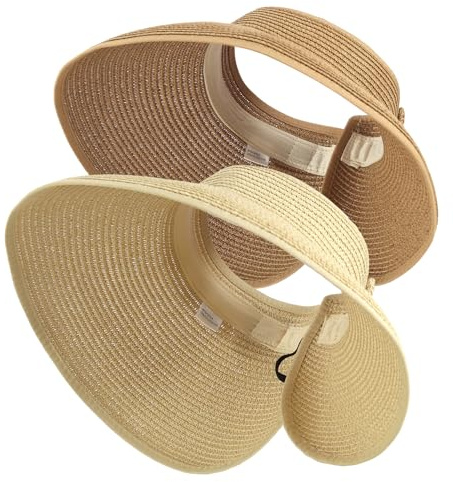 Kyzistn Faltbare Stroh-Sonnenblende, breite Krempe, Pferdeschwanz, Sommer, Strandhut, schützt Ihre Haut, perfekt für Damen, Sommerurlaub, 2 Stück (Natur + Beige), Naturfarben und Beige,