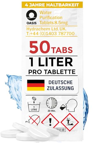 Wicked Chili Travel Wasseraufbereitung Trinkwasser (50 Tabletten je 1 Liter) Wasserentkeimung & Trinkwasseraufbereitung - für Wandern & Campen, Notfallrucksack Reiseapotheke, Notfall Ausrüstung