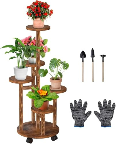 Wuciray Blumenständer Holz Pflanzenständer mit Rädern 5-Tier Pflanzentreppe Pflanzenregal Blumenbank Blumenregal Blumentreppe Balkon Regal Innen Outdoor Terrasse deko Wohnung