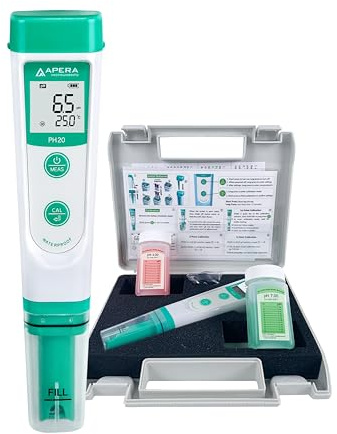 Apera Instruments PH20 pH-Meter, Messgerät im Taschenformat (±0,1 pH-Genauigkeit, 0 -14 pH-Messbereich, wasserfest, Temperaturanzeige) Set inkl. Kalibrierlösungen