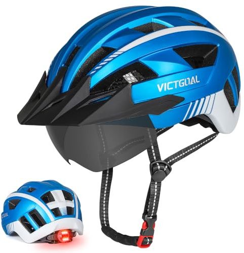 VICTGOAL Fahrradhelm MTB Mountainbike Helm mit magnetischem Visier Abnehmbarer Sonnenschutzkappe und LED Rücklicht Radhelm Rennradhelm für Erwachsenen Herren Damen (Metalblue, XL: 59-63cm)