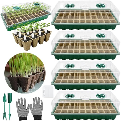 VEEKAY Zimmergewächshaus Anzuchtkasten,4 Stück 144 Loch Mini Gewächshaus Anzucht Set,Abbaubare Anzuchttöpfe,Anzuchtplatte,Setzling Starter Tabletts,30 Pflanzenetikett für den Anbau von Keimpflanzen