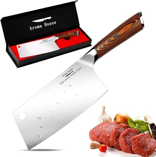 Aroma House Hackmesser, Chinesisches Kochmesser 7 Zoll - Hack Messer Hochwertigem Edelstahl Hackbeil Messer mit Scharfe Klinge und Pakkawood Küchenmesser