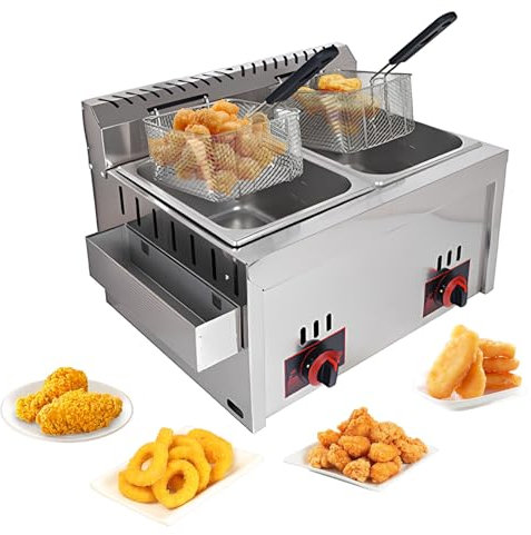 Gas-Fritteuse, 10 l + 10 l, kommerzieller Doppelzylinder mit Gewürztrog und Edelstahlkörben, Abdeckung für Chips, Donuts und Fisch