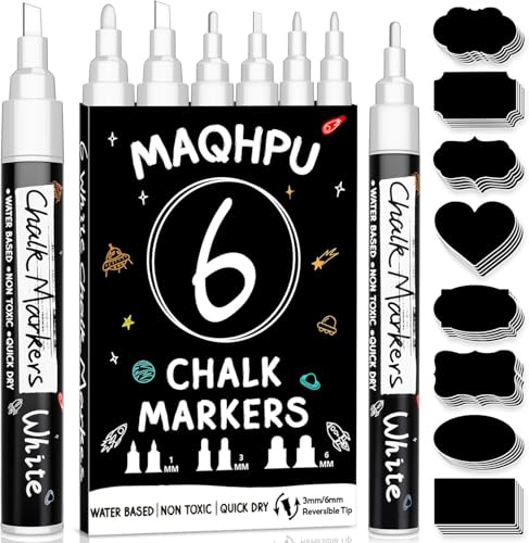 Maqhpu Weiß Kreidestifte für Tafel Abwaschbar, 6 Stück Kreidestifte und 45pcs Kreidetafel Labels, Fensterstifte Whiteboard Marker Kreidemarker Tafelstifte für Glas & Gewürzgläser (1mm, 3mm, 6mm)