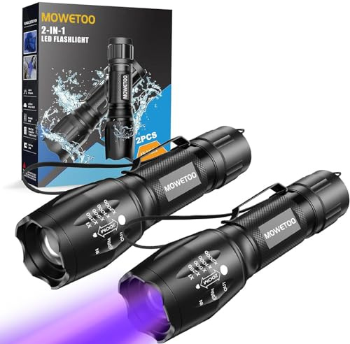 MOWETOO LED UV Taschenlampe, UV Lampe 2 in 1, 395nm Schwarzlichtlampe, Schwarzlicht Taschenlampe mit 4 Lichtmodi, 40W, Detektor für Unechte Banknoten, Urin von Haustiere, 2 Stück