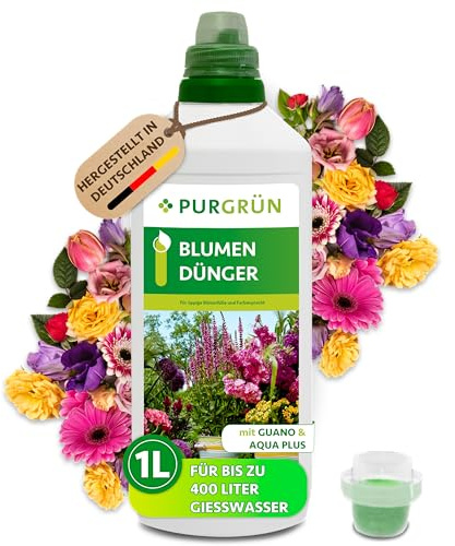 Purgrün® Blumendünger 1 Liter – Extra Phosphor für prächtige Blüten – Spurennährstoffe fördern gesundes Wachstum – Ergiebiges Konzentrat für bis zu 400 Liter Gießwasser – Premium-Flüssigdünger