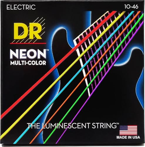 DR Strings Hi-Def Neon Multi NMCE-10 – E-Gitarre Medium 10-46 | UV- & Schwarzlicht-Effekt, K3-Beschichtung, Lange Haltbarkeit, Klarer Klang, Hex Core, Silver Plated Steel