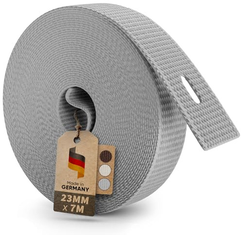 MEISTERBAU - 7m Rolladengurt 23mm [Made in Germany] - Rolladenband für Rollläden an Türen und Fenster - Extrem Reißfest & UV-Stabil - Rollladengurt mit starken Kanten (Grau, 7m lang - 23mm breit)