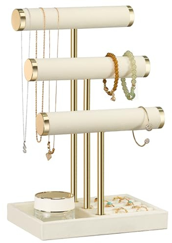 Josmimic Schmuck Organizer mit 3 Ebenen - Beige Schmuckständer Armbänder, Abnehmbarer T-Steg Schmuck Ständer, Samt-Armbandhalter, Schmuckhalter für Armband, Halskette, Uhren, Ringe