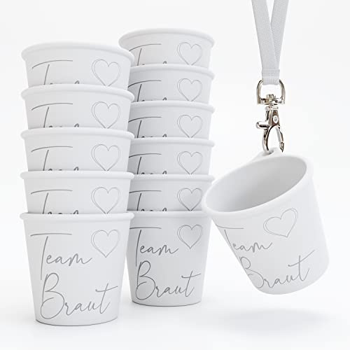 SoPro 12x Schnapsbecher zum Umhängen 4 cl wiederverwendbar - 40 ml weiß | Schnapsgläser JGA - Schnapsglas zum Umhängen - Brautbecher mit Gravur