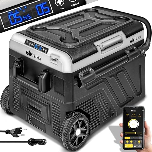 tillvex® Kompressor Kühlbox elektrisch 40-60 Liter | Elektrische Gefrierbox WIFI-APP-Steuerung 12/24 V 230V | Kühlschrank bis -20 °C für Auto, Lkw, Camping (Schwarz, 40 Liter)