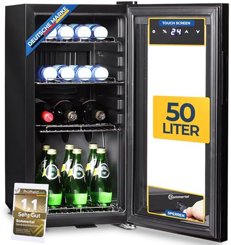 Sommertal Getränkekühlschrank 50L – Mini Kühlschrank schwarz mit Glastür, Touchscreen & LED | Kleiner Flaschenkühlschrank abschließbar & leise für Büro, Zuhause, Bar, Kellerbar & Minibar