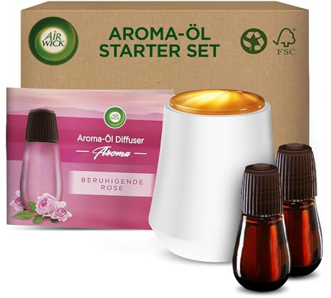 Air Wick Aroma-Öl – Starter Set – Diffuser mit ätherischen Ölen – Raumduft Beruhigende Rose – 2 x 20 ml Nachfüllern + Gerät