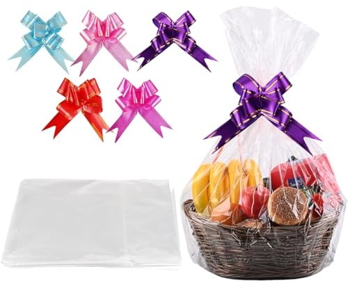 5 Stück Extra Groß Geschenkfolie Transparent CellophantüTen für Blumen | 90 x 140 cm Durchsichtiges Geschenkpapier mit 5 Zugschleifen, Cellophan GeschenktüTen für Geschenkkörbe Kunsthandwerk