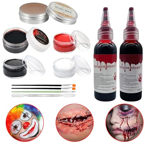 11 Stück Halloween Schminke Set, 3 Farben Sfx Makeup mit Kunstblut Narbenwachs Pinseln Face Paint Set für Erwachsene Kinder Halloween Theater Cosplay Kostümparty Bodypainting Farben