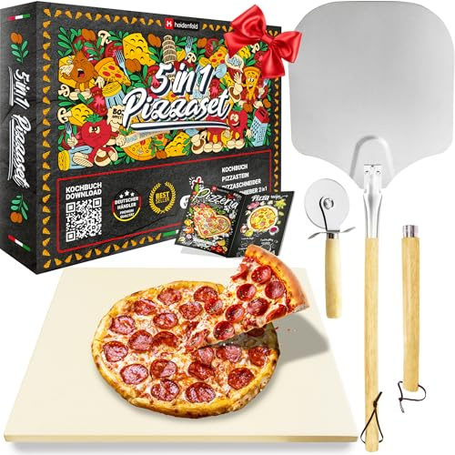 5in1 Pizza Set | Pizza Zubehör | Geschenkset | Rezeptbuch (5in1) | Pizzastein für Backofen & Gasgrill | 2in1 Pizzaschieber | Pizzaschneider | Pizzaschaufel | Pizzamaker | Pizza Stein Cordierit