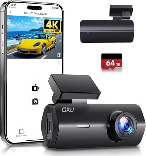 GKU 4K Dashcam Auto,Dashcam Auto Vorne, Auto Kamera mit integriertem WLAN,170° Weitwinkel,Nachtsicht,WDR,24H Parküberwachung,Loop-Aufnahme,G-Sensor,Dash cam inklusive 64GB SD Karte