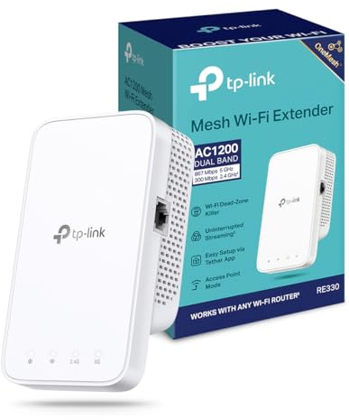 TP-Link RE330 WLAN Verstärker Repeater 𝐀𝐂𝟏𝟐𝟎𝟎 (867MBit/s 5GHz + 300MBit/s 2,4GHz, WLAN Verstärker, App Steuerung, Signalstärkeanzeige, kompatibel zu Allen WLAN Geräten, AP Modus)