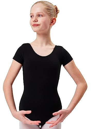 tanzmuster Ballettanzug Mädchen Kurzarm - Sally - aus weichem Baumwollstoff - Ballett Trikot Ballettbody in schwarz, Größe 164/170