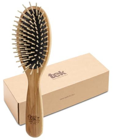 TEK | Ovale Haarbürste aus Holz mit Kurzen Zinken aus Natürlichem Eschenholz, Entwirrbürste für Styling und Tägliche von Aller Haartypen | 22x6cm | Handmade in Italy