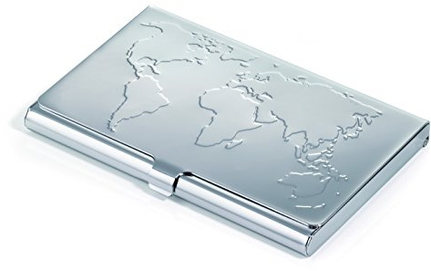 Troika Visitenkartenetui, Weltkartenprägung auf dem Deckel, für ca. 17 Karten, Stahl, glänzend, Silber
