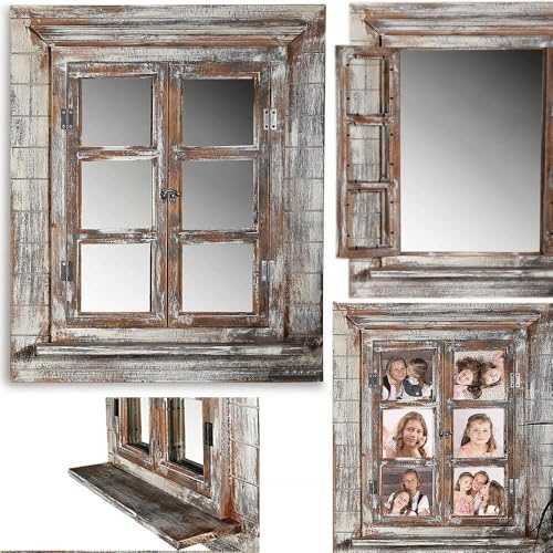 Melko Wandspiegel mit Fensterläden 64x54cm Shabby Chic Spiegelfenster mit Ablage, Fenstertüren als Bilderrahmen 13x13cm nutzbar