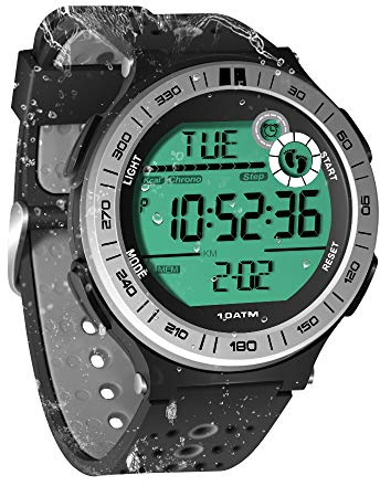 Pedometer Armbanduhr für Herren, Tauchuhr, 10 ATM, wasserdicht, mit Tour-Stoppuhr-Funktion und Wecker, 12/24-Stunden-Format wählbar