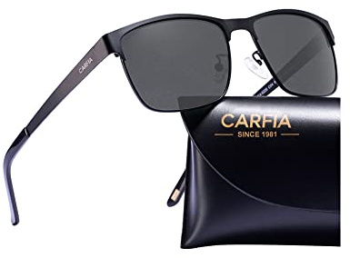 CARFIA Polarisierte Herren Sonnenbrille Metallrahmen UV 400 Fahrerbrille Sportbrille Kategorie 3 Schwarz Rahmen, Grau Linsen