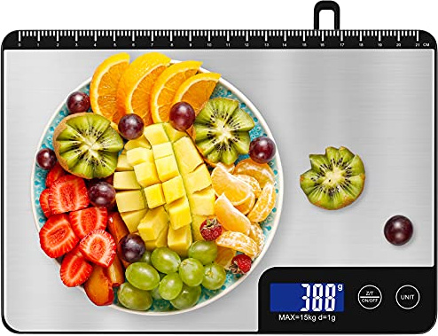 15kg Digitale Küchenwaage mit Lineal, Diyife Professionelle Digital Electronische Waage, Haushaltswaage aus Edelstahl, LCD-Anzeige, aufhängbar, 6 Einheiten, Tara-Funktion, mit Batterien